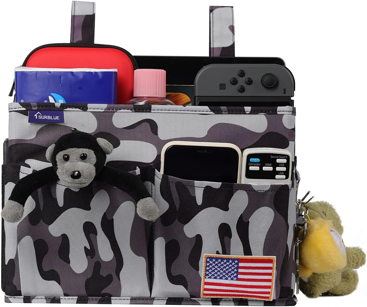 Surblue Bedside Caddy Hanging Bed Organizer Storage Bag Pocket for Bunk and Hospital Beds, College Dorm Rooms Baby Bed Rails, Wheelchair Side Bag, Camp Chiars, 4 Pockets and 2 Hooks (Small City)