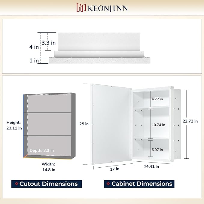 Keonjinn 17" x 25" Gold Medicine Cabinets with Mirror for Bathroom, Recessed or Surface Wall-Mounted Aluminum Alloy Framed Beveled Mirror, Single Door Farmhouse Bathroom Mirror with Storage Cabinet