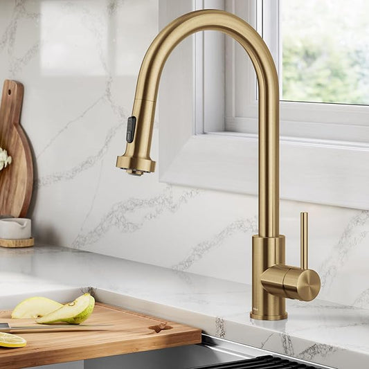 KRAUS Bolden 2-Function Single Handle Pull Down Kitchen Faucet in Spot-Free Brushed Brass, KPF-1616BB