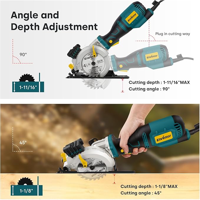 Enventor Mini Circular Saw, 5.8A 4-1/2" Electric Circular Saws with 6 Saw Blades, Laser Guide, Max Cutting Depth 1-11/16"(90°), 1-1/8"(45°) for Soft Metal, Wood, Tile, Drywall, Plastic Cutting