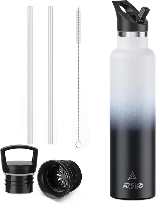 Stainless Steel Water Bottle with Straw - Insulated Water Bottle for Sports, Gym, School, Commute, Adults/Kids - Keep Cold for up to 24 Hours - Sweat/Leak-proof - 2 Lids - BPA Free