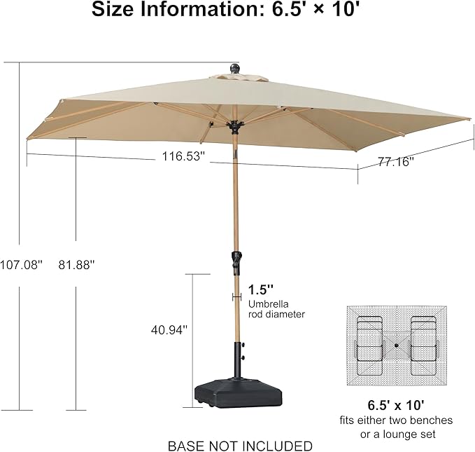PURPLE LEAF 6.5' x 10' Patio Umbrella Outdoor Table Umbrella Aluminum Market Umbrella with Push Button Tilt & 8 Sturdy Ribs and Crank Rectangular Sun Umbrella for Pool Backyard Beach, Beige