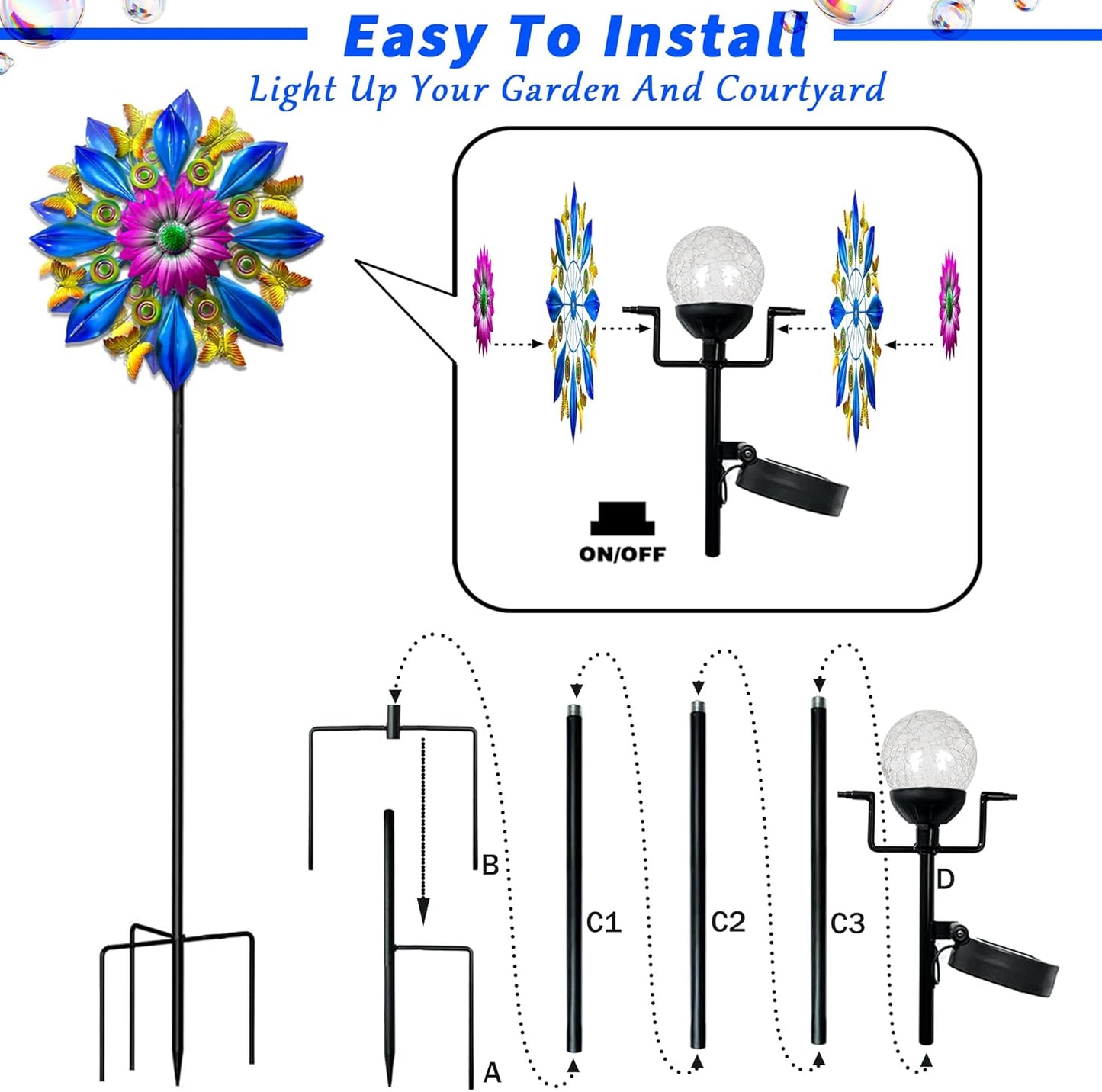 60 Inch Solar Wind Spinner Outdoor - Double-Sided Rotating Colorful Kinetic Wind Spinners for Garden, Yard Decorations Outdoor,Metal Wind Sculptures & Spinners, Wind Art