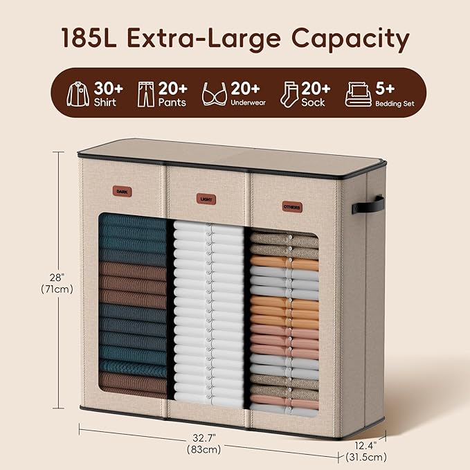 185L Laundry Hamper 3 Section, Laundry Hamper with Lid, Dirty Clothes Hamper with 3 Removable Washing Bags, Extra Large Laundry Basket Organizer for Bedroom, Laundry Room, Dorm - Khaki