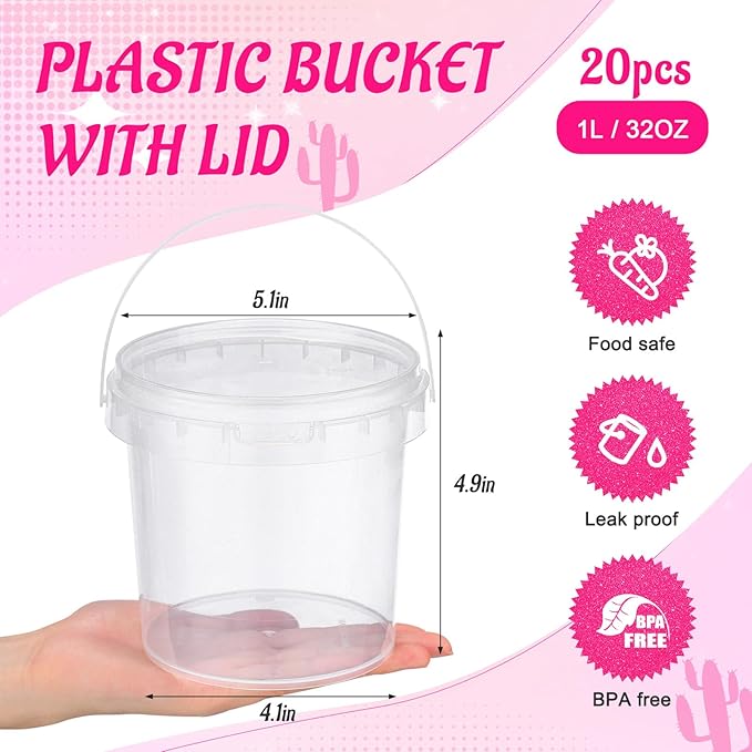 PerKoop 20 Pcs 32 oz Ice Cream Buckets with Lids and Handles Clear Cocktail Rum Buckets for Drinks with 200 Cowgirl Stickers Plastic Transparent Tub Reusable Food Storage Containers for Parties