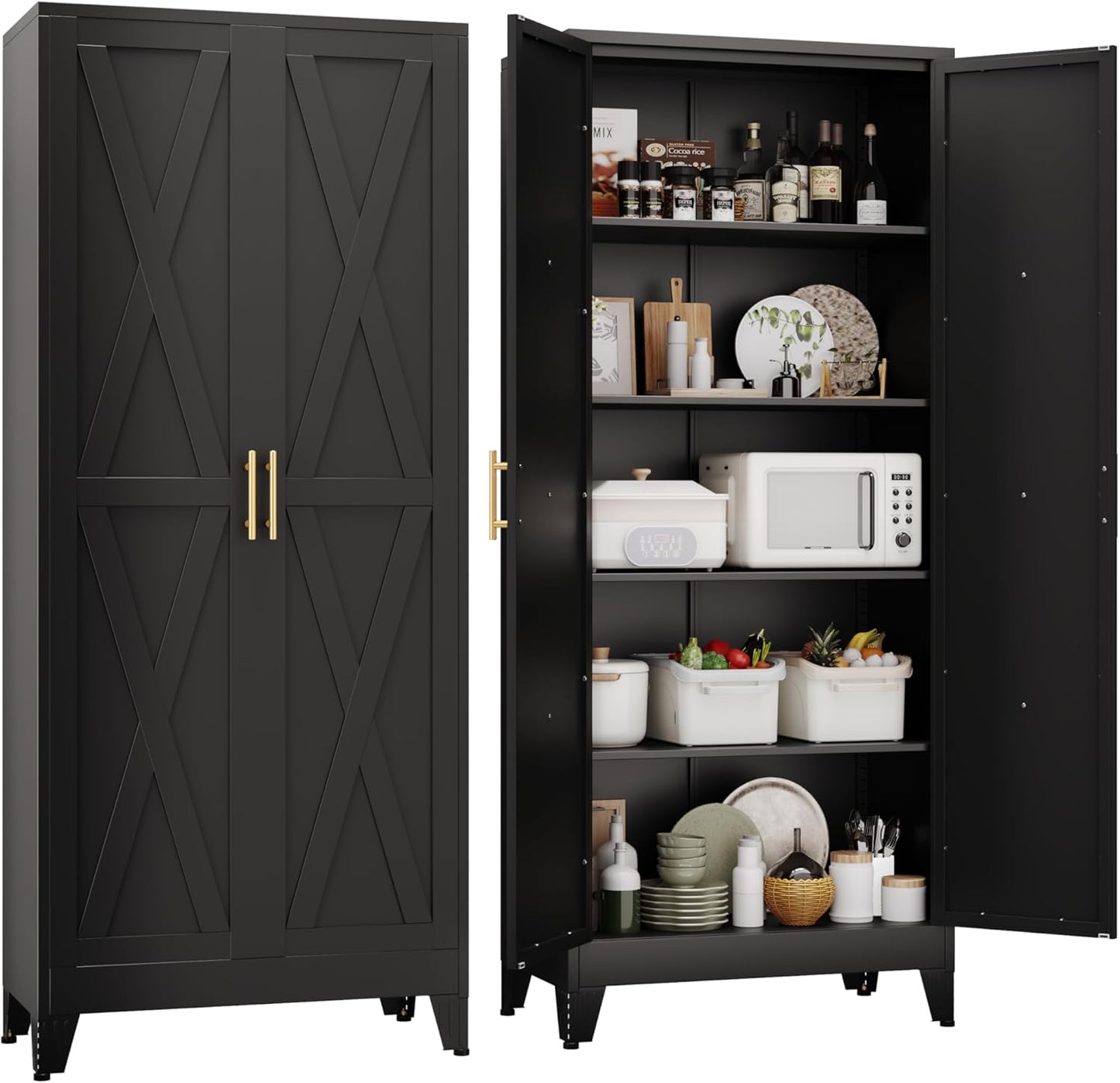 71" H Metal Kitchen Pantry Storage Cabinet, Freestanding Cupboard with 2 Doors and 4 Adjustable Shelves, Standing Storage for Kitchen, Bathroom, Garage, Dinning Room or Utility Room（Black）