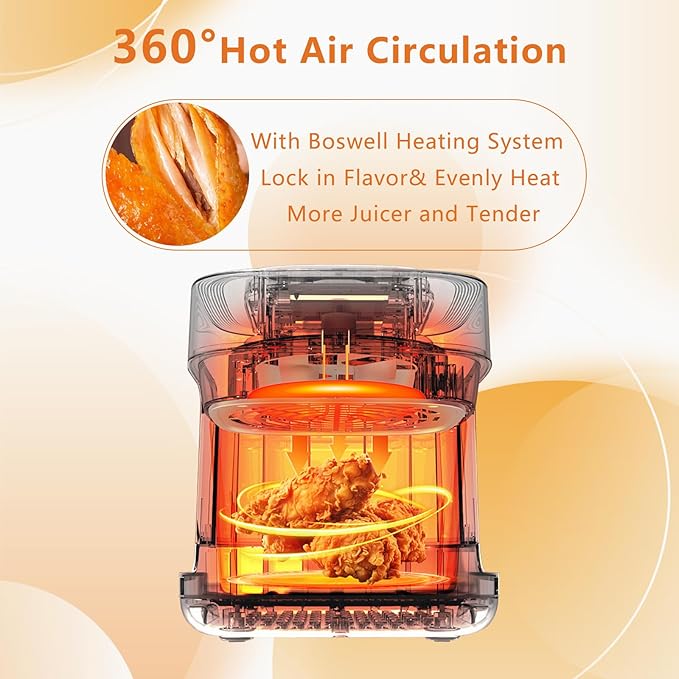 Glass Air Fryer, 7.6QT with Transparent Fry Bowl, Circulating Heating, Temperature Control, Air Fryer Roast, Dishwasher Safe (Rose Pink)