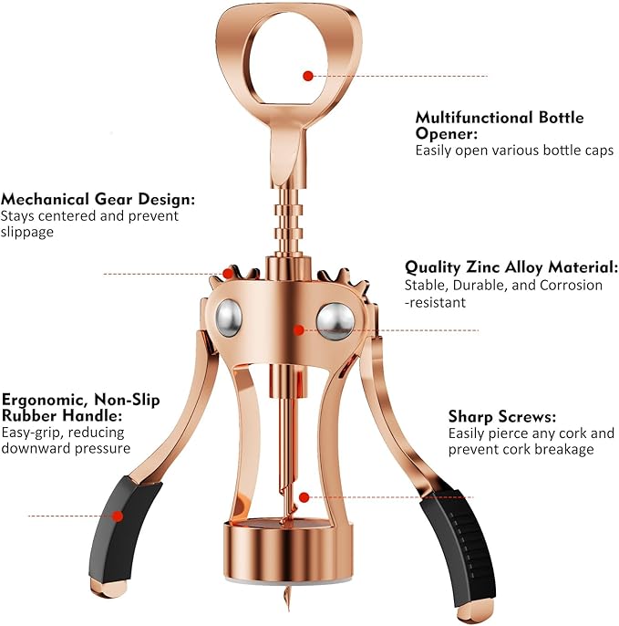 KORCCI Wine Opener, Wine Bottle Opener, Zinc Alloy Wing Corkscrew Heavy Duty, Cork Screw Beer Opener for Bartenders, Multifunctional Bottle Opener for Kitchen, Restaurant, Bar, Waiters (1, Rose Gold)