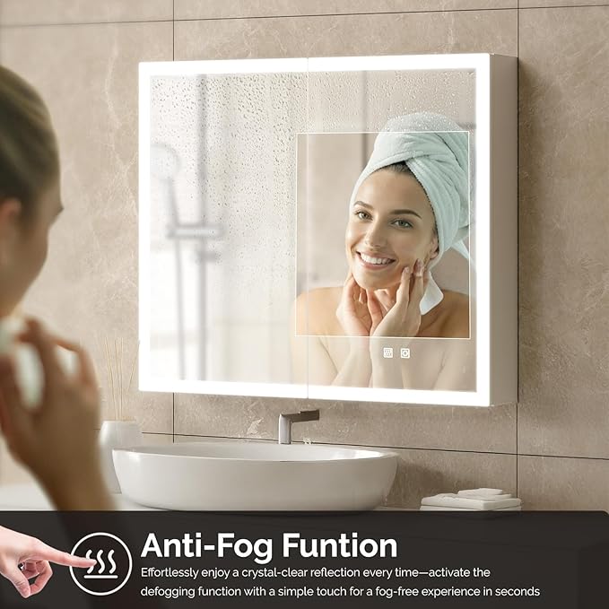 VINGLI Lighted Medicine Cabinet with Mirror Bathroom Mirror Medicine Cabinet Wall Mounted with Storage LED Lights Charging Station Defogger Modern Bathroom Mirrors for over Sink with Storage (32"*28")