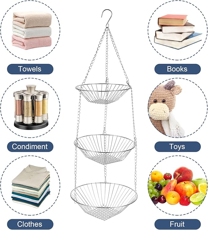 3-Tier Kitchen Wire Storage Basket Hanging Fruit Storage 2 Pack