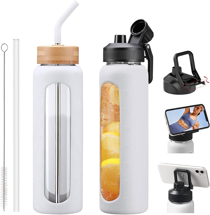 Glass Water Bottles with Straw -32oz- Water Bottle Phone Holder for Gym Large Motivational Water Bottle with Time Marker Glass Drinking Bottles 2 Lids - Spout & Bamboo Straw Lid(White)