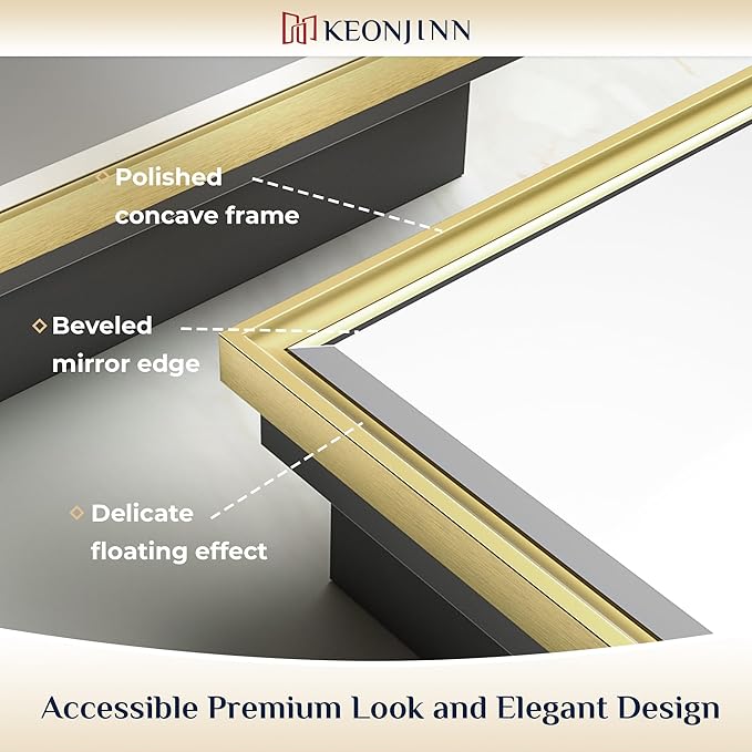 Keonjinn 17" x 25" Gold Medicine Cabinets for Bathroom with Mirror, Recessed or Surface Wall-Mounted Aluminum Alloy Framed Beveled Mirror, Single Door Metal Bathroom Vanity Mirror with Storage Cabinet