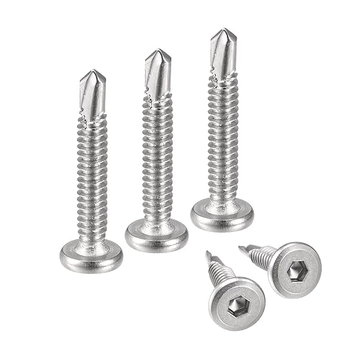 uxcell Hex Socket Self Tapping Screws, #10 x 1-1/4" 410 Stainless Steel Sheet Metal Flat Head Drilling Screw 50pcs, Silver