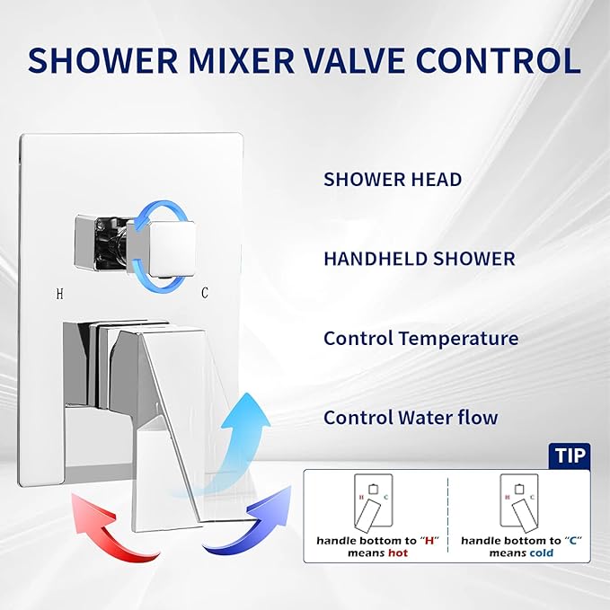 BWE 12 Inch Square Bathroom Luxury Rain Mixer Shower Combo Set Wall Mounted 2-Functions Rainfall Shower Head System Polished Chrome Shower Faucet Rough-in Valve Body and Trim Included