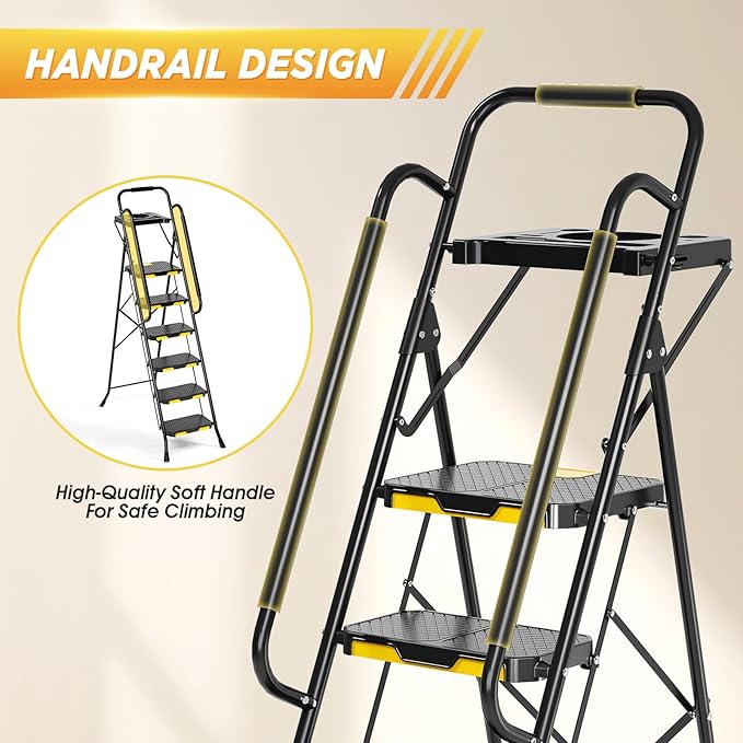 KINGRACK Step Ladder, Sturdy Steel Step Stool with Anti-Slip Wide Pedals, Handrail, Safe-Lock Design, 800lbs Folding Portable Ladder for Multi-Purpose, Home, Kitchen (6-Step with Tool Platform)