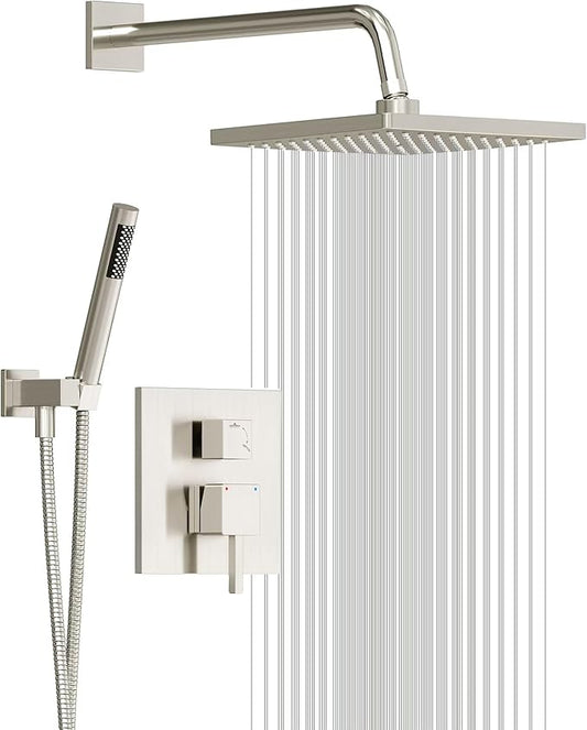 Esnbia Shower System, Shower Faucet Set with Shower Valve, 10 Inches Shower Heads with Handheld Spray Combo, Wall Mounted Shower Fixtures, High Pressure Shower Hardware Set, Brushed Nickel