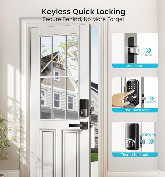Veise VE07-L Fingerprint Smart Locks for Front Door with Zinc Alloy Handle Set, App Control, Keyless Entry, Electronic Digital Keypad Deadbolt, Auto Lock, Waterproof, Easy to Install, Matte Black