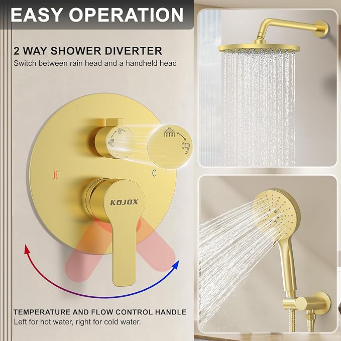 KOJOX Shower Set - Brushed Gold Finish, Powerful High Pressure Showerhead System with 3 Adjustable Settings and Handheld Capability, Valve Included