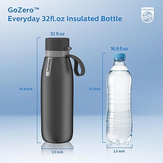 PHILIPS Filtered Water Bottle, Insulated Stainless Steel Water Purifier Bottle for Daily Life & Travel, BPA Free with GoZero Everyday Filter for Cleaner & Tastier Tap Water, Keeps Cold, 32 oz Gray