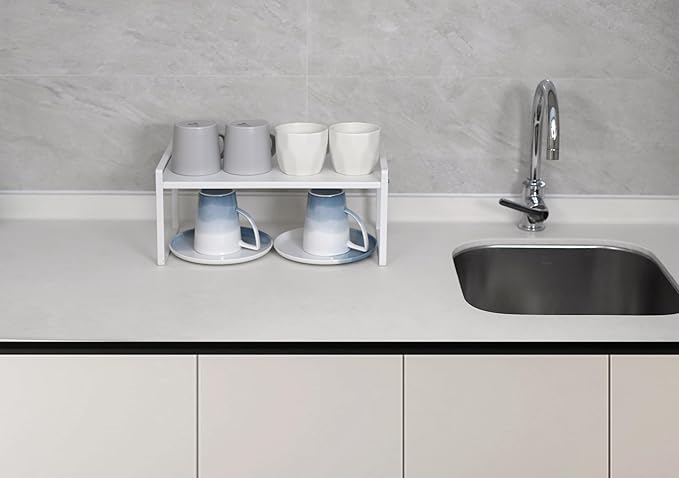 Nxconsu 2Pack Cabinet Shelves Stackable Shelf Organizer Rack Riser for Kitchen Cabinet Pantry Cupboard Counter Countertop Home Organization Storage Space Saver Heavy Duty Metal Nonslip White Wide