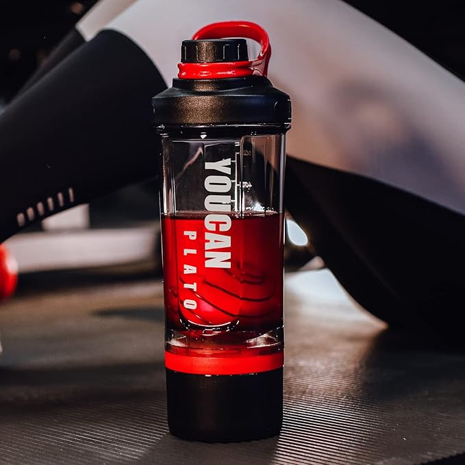 21oz Protein Shaker Bottle with Powder Storage Container-Shaker Cups for Protein Shakes-pre workout bottle-Mixer Cup-Gym Sport Water Bottle -Made with Tritan BPA Free,with Wire Whisk Balls,Red