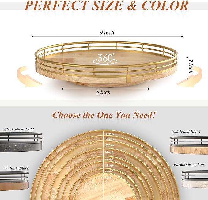 Farmhouse Oak 9" Lazy Susan Turntable Organizer for Cabinet, Round Wooden Lazy Susan Organization and Storage for Dining Table, Pantry, Kitchen, Countertop, Cupboard,Home Decor