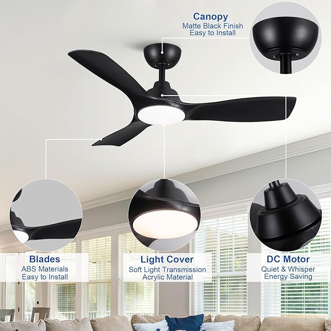 Sevenine Ceiling fan with light,Black Ceiling Fan,3 Blades,Downrod,6 speed adjustable,Dimmable LED,3 Timers,Reversible DC motor, For Patio Living Room Bedroom Dining Room (Black, 42Inch)