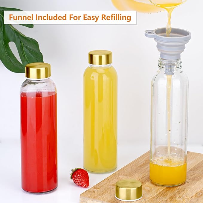 Glass Juice Bottles with Lids for Juicing 18 oz, Reusable Clear Glass Water Bottles with Stainless Steel Airtight Cap for Refrigerator, 100% Leak Proof, BPA Free, Set of 6, Gold