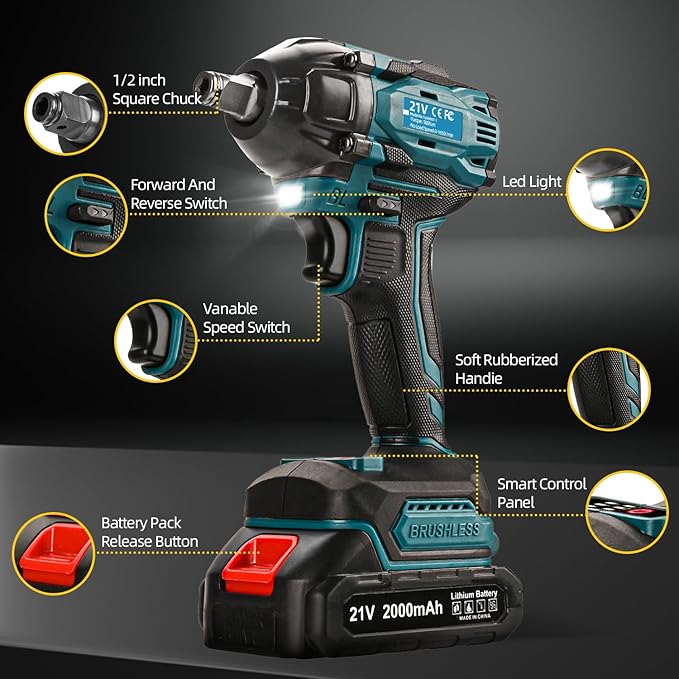 300N.m Cordless Impact Wrench, 21V Torque Power Impact Driver, 1/2" Brushless Impact Gun with 2*2.0Ah Batteries with 19 Accessories, Electric Impact Motor Variable Speeds for home installation (Blue)