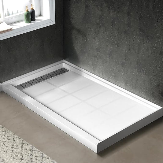 Shower Base Pan in White Left Linear Drainer, Rectangular Shower Base 60"×34"×4" with Non-Slip Floor Panel and Stainless Steel Shower Drain Cover