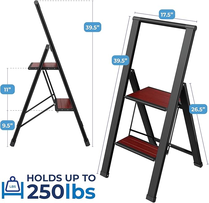 Step Ladder 2 Step Folding, Decorative - Beautiful Mahogany & Black Aluminum, Ultra Slim Profile, Anti Slip Steps, Sturdy-Portable for Home, Office, Kitchen, Photography Use,by SORFEY