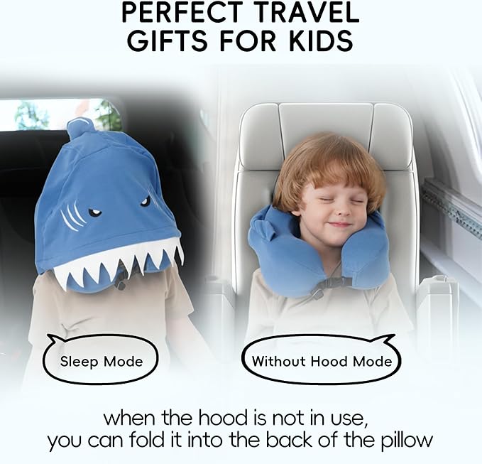 Hooded Neck Pillow for Kids and Adults, 100% Pure Memory Foam Upgraded Travel Pillow with Hood, Kids Neck Pillow for Airplane, Outdoor, Office, Soft, Washable, Easy Storage, Shark