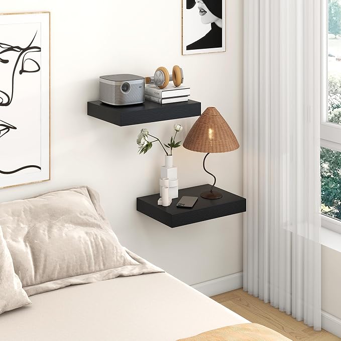 Black Deep Floating Shelves for Wall | 16 Inch Wide x 12 Inch Deep Floating Shelves Set of 2 | Rustic Wood Wide Wall Shelves | Bookshelf Laundry Shelf TV Shelf