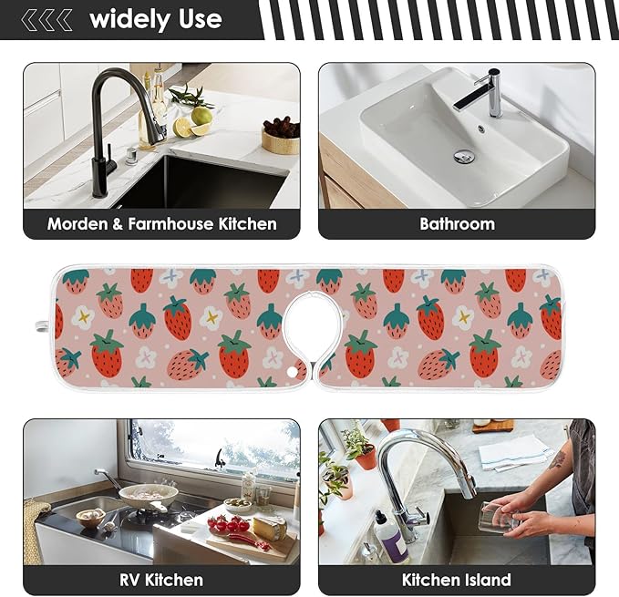 Kitchen Faucet Absorbent Mat,Strawberry Summer Berry Water Splash Guard for Sink, Faucet Drip Catcher Thicken Sponge Microfiber Faucet Water Catcher Mat Sink Absorbent Mat for Kitchen 23x5in 2 Pack