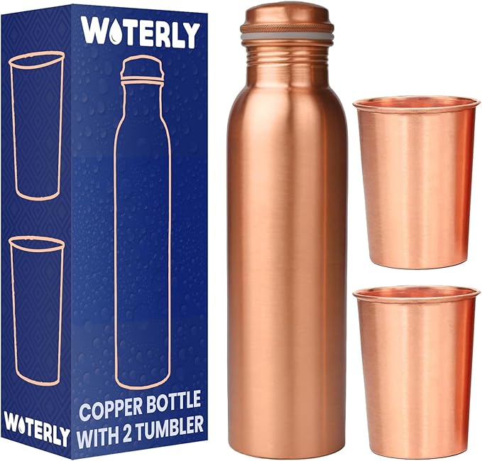 Plain Copper Water Bottle With Set Of 2 Plain Tumbler | Ayurvedic Copper Storage Water Bottle | Pure Authentic Copper Bottle (34 Oz /1000ml ) With Set 2 Copper Tumblers For Drinking