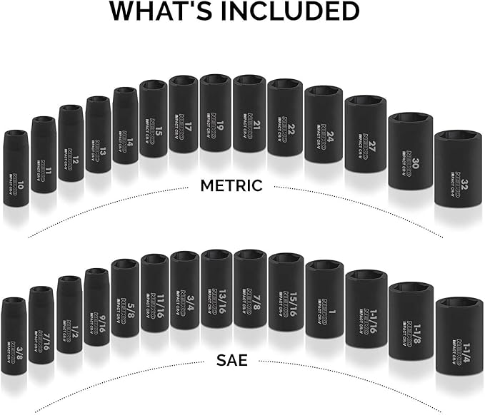 NEIKO 02446A 1/2" Impact Socket Set, 35 Piece, Deep Socket Kit Assortment, Standard SAE (3/8”-1-1/4”) and Metric MM (10-32mm) Sizes, Includes Ratchet Handle and Impact Extension Bars