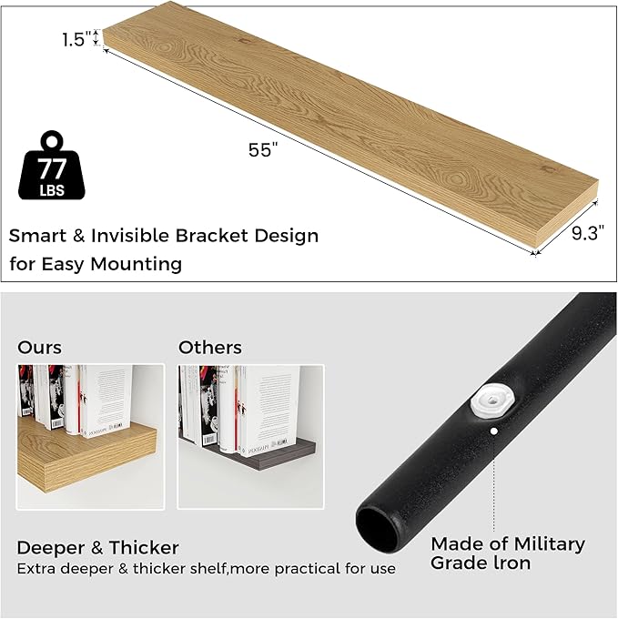 Floating Shelves for Wall, Large Wall Mounted Shelves with Invisible Brackets, Long Wood Floating Shelf for Living Room, Bedroom, Kitchen, Bathroom (Oak, 55" W x 9" D x 1.5" H)
