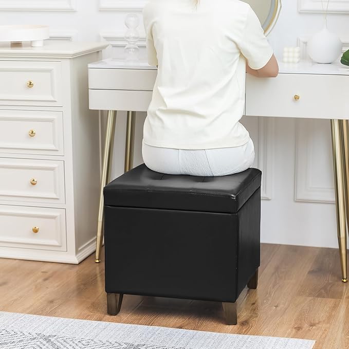 Adeco Faux Leather Storage Ottoman Bench with Solid Wood Legs, 17.7" Square Black PU Cube Foot Stool, Upholstered Button Tufted Vanity Chair with Hinged Lid for Living Room, Bedroom, Dorm