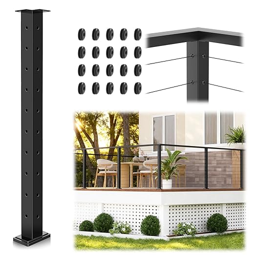 Economical 36" Corner Cable Railing Post, L-Drilled Stainless Steel T304 Corner Rail Post, Upgraded Black Powder Coated One-Post Corner Solution, Wire Metal Post for Indoor Outdoor Deck Railing