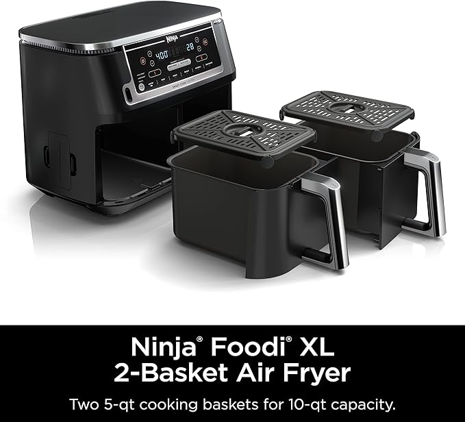 Ninja DZ550 Foodi 10 Quart 6-in-1 DualZone Smart XL Air Fryer with 2 Independent Baskets, Thermometer for Perfect Doneness, Match Cook & Smart Finish to Roast, Dehydrate & More, Grey