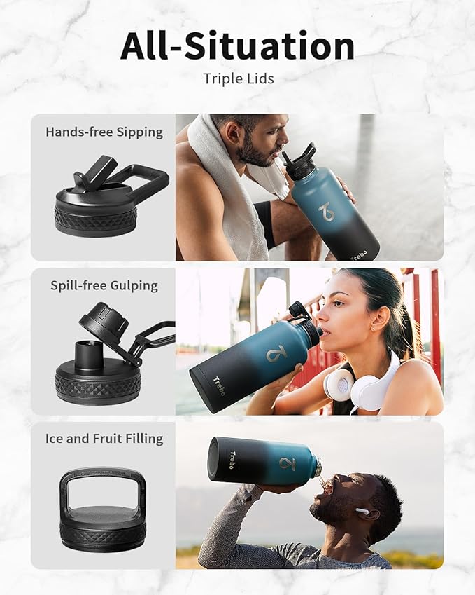 Trebo Water Bottle 87oz with Paracord Handle, Food-grade Double Wall Vacuum Stainless Steel Insulated Jug with Straw Spout Handle Lids, Leakproof Keep Cold & Hot,Indigo/Black