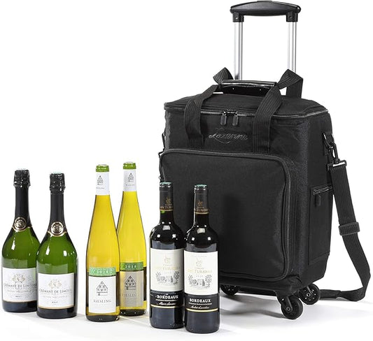 Lazenne Wine Bags for Travel - 6 Bottle Wine Bag/Wine Carrier - Wine Luggage For Professionals and Consumers. 3-in-1 Wine Tote, Rolling Suitcase and Insulated Cooler Bag with Removable Dividers