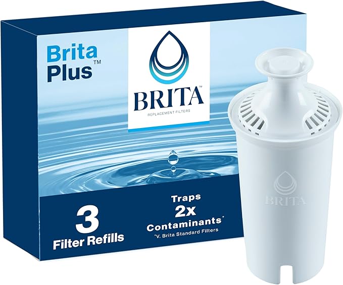 Brita Plus Water Filter, BPA-Free, High-Density Replacement Filter for Pitchers and Dispensers, Reduces 2x Contaminants*, Lasts Two Months or 40 Gallons, Includes 3 Filters