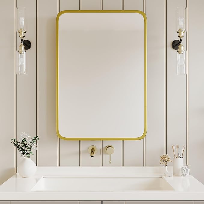 Bathroom Wood Black Cabinet with 20''x30'' Brushed Gold Metal Frame Curved Mirror, Recessed Medicine Cabinet, Bathroom Storage Cabinet