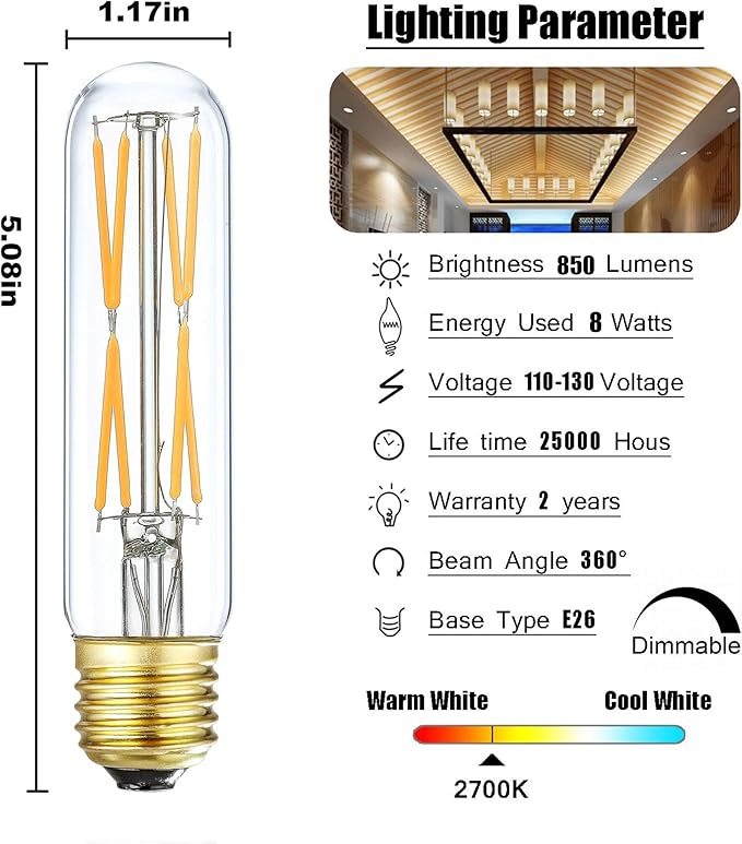 XININSUN T10 Led Bulb, 8W Dimmable Led Tubular Bulbs, 75-100 Watt Equivalent, 2700K Soft Warm White,850lm, Clear Glass, E26 Base Lamp Bulb, for Cabinet Display Cabinet etc,3 Pack.