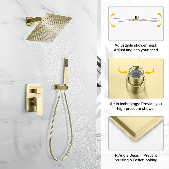 Rain Shower System with Handheld Shower, Bathroom Shower Faucet set 10 Inch Wall Mounted Bathroom Luxury Rainfall Mixer Shower Combo Set with Valve and Trim Kit, Brushed Gold
