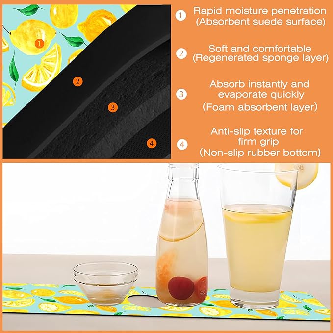 Kitchen Sink Splash Guard Faucet Mat Watercolor Lemon Citrus Sink Splash Guard Behind Faucet,1 PC Soft Diatom Mud Non-Slip Mat-for Kitchen,Dish Drying Mat,Bathroom Faucet Mat 15.5""X5.5""