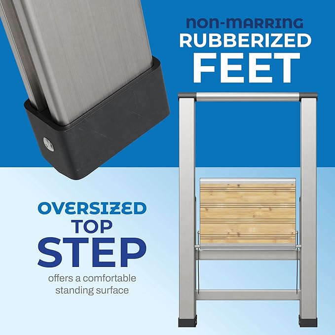 Step Ladder 1 Step Folding, Decorative - Beautiful Bamboo & Silver Aluminum, Ultra Slim Profile, Anti Slip Steps, Sturdy-Portable for Home, Office, Kitchen, Photography Use,by SORFEY