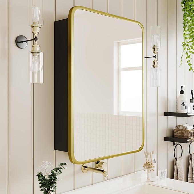 Bathroom Wood Black Cabinet with 20''x30'' Brushed Gold Metal Frame Curved Mirror, Recessed Medicine Cabinet, Bathroom Storage Cabinet