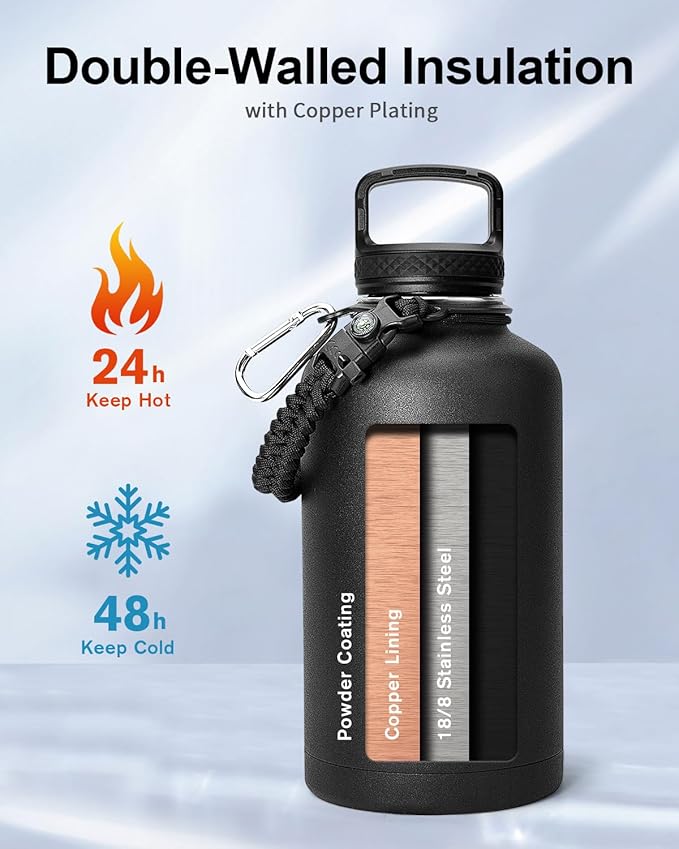 Trebo Half Gallon Water Bottle with Paracord Handle 64oz Wide Mouth Insulated Double Wall Stainless Steel Large Sports Flask Keep Hot 24 Hours & Cold 48 Hours Water Jug with 3 Lids, Black